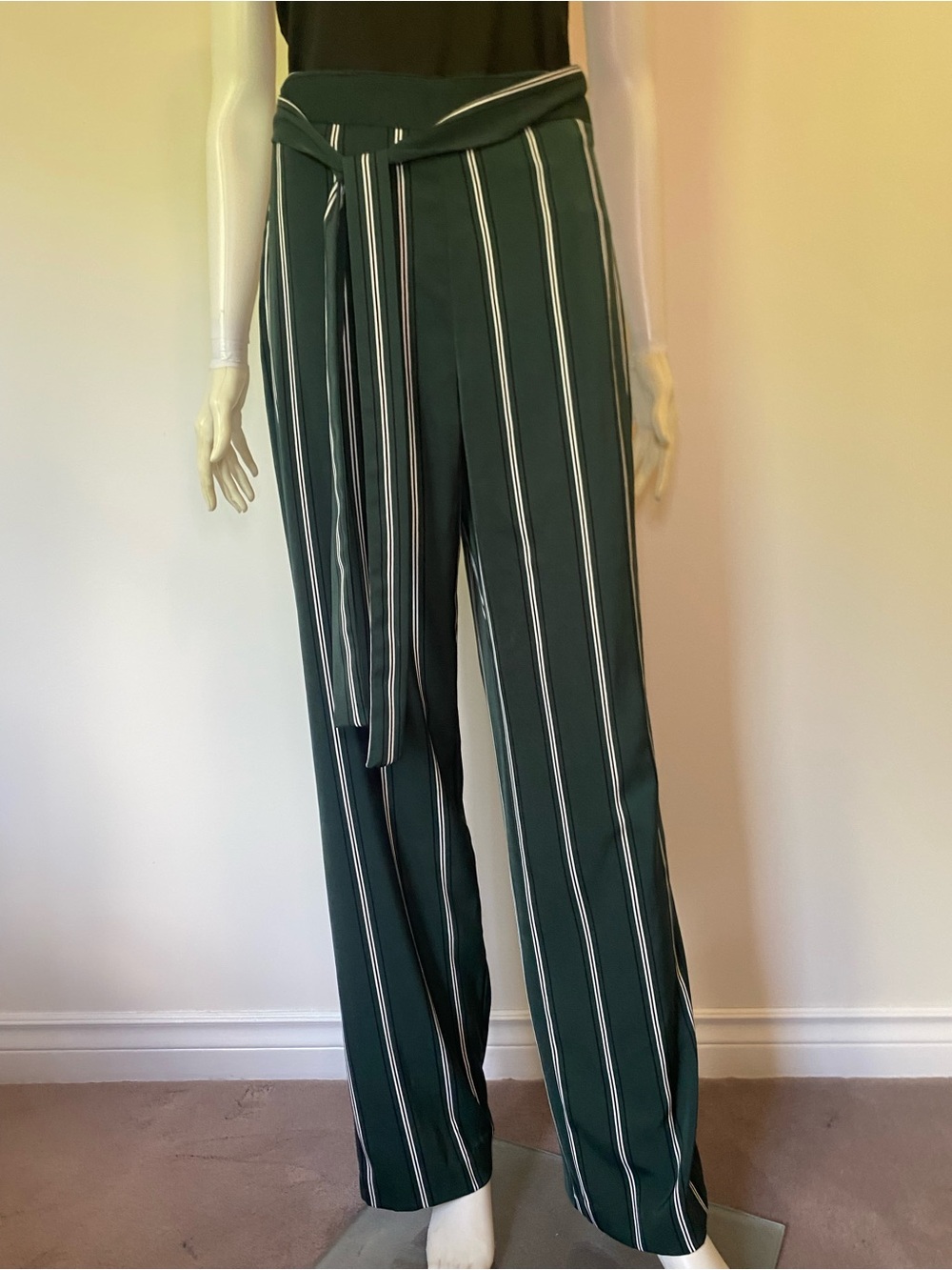 Dynamite Forest Green Vertical Stripe Tie-Waist Wide Leg Pants